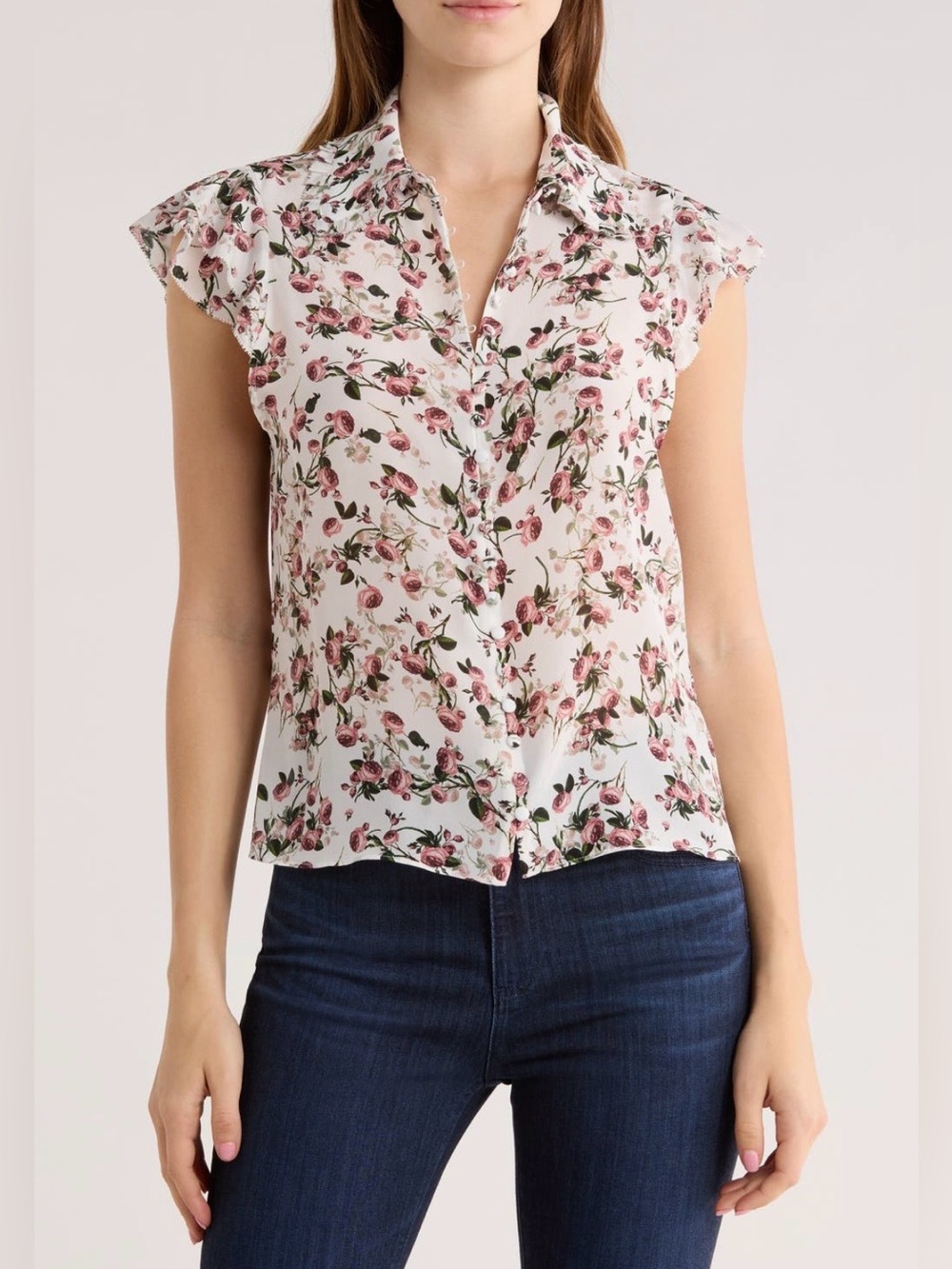 Alice + Olivia Martel Floral Flutter Sleeve Silk Button-Up – NWT – Size Small 🌹